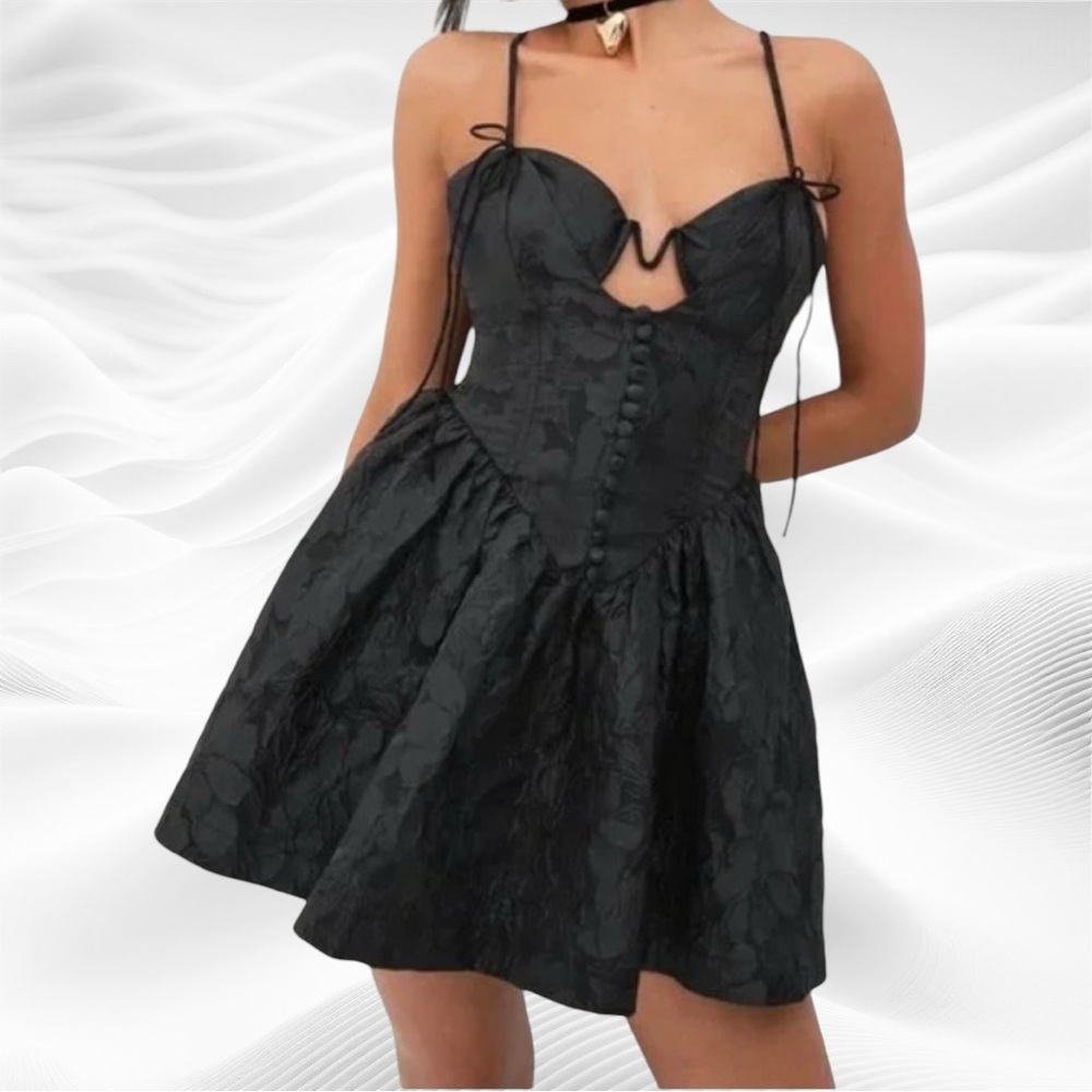 NWT For Love and Lemons‎ Faith Mini Dress Black Medium Corset Jacquard